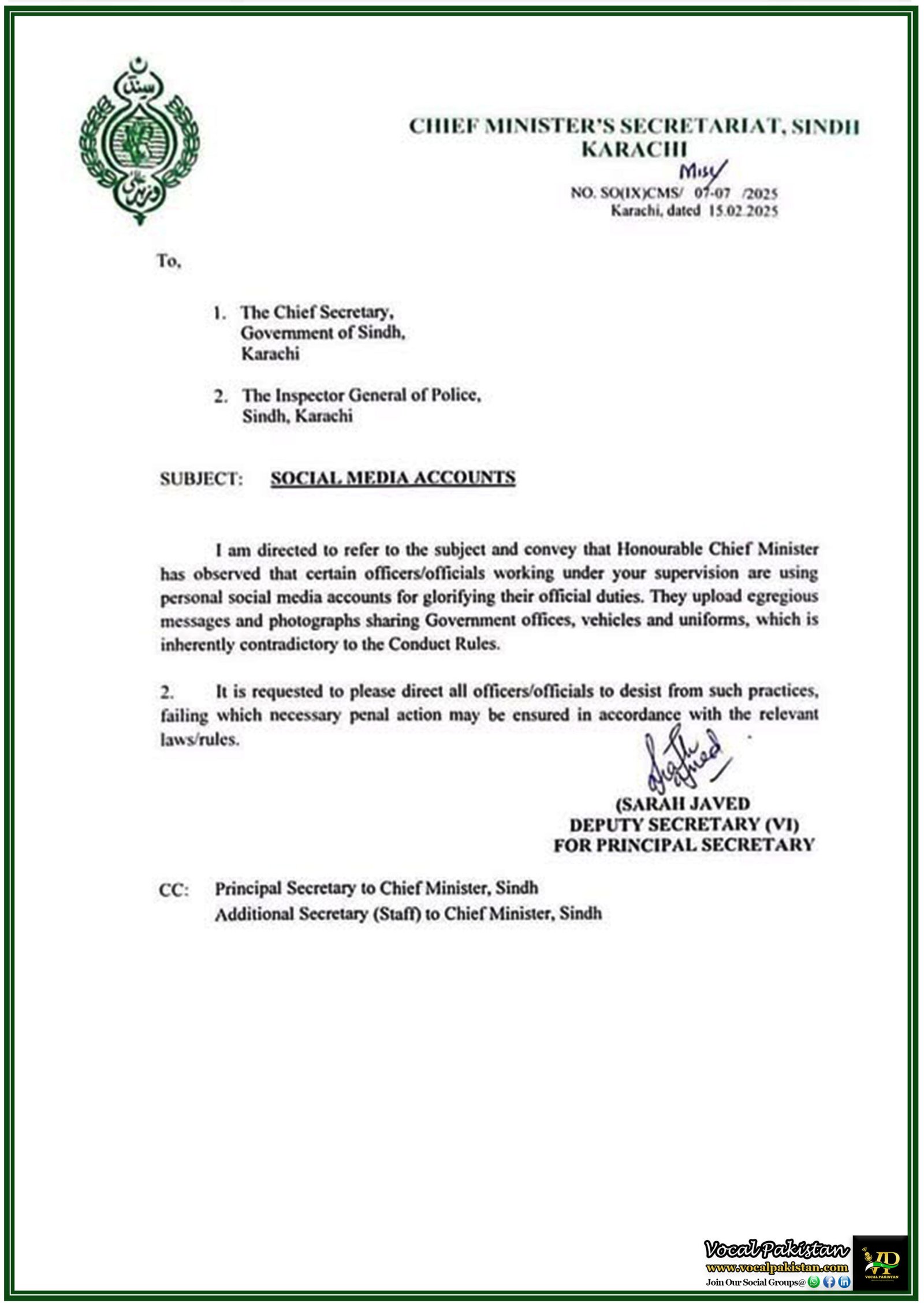 Sindh Chief Minister Directs Officers to Avoid Using Personal Social Media for Work-Related Content