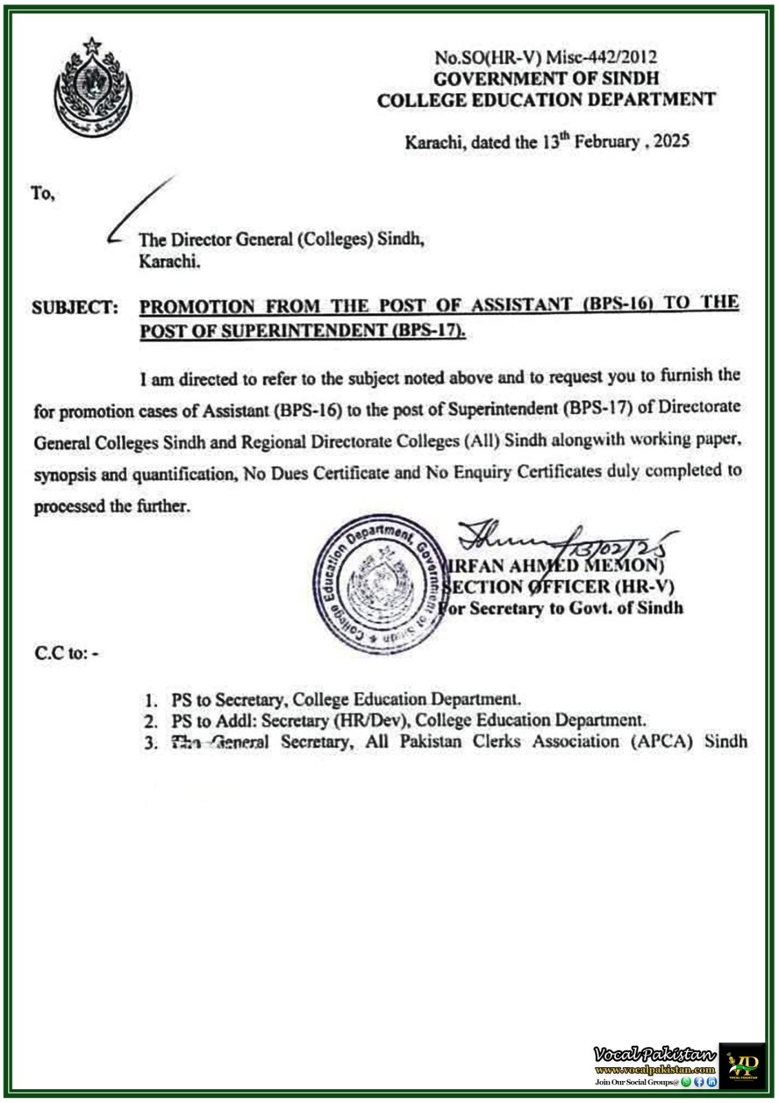 Sindh College Education Department Announces Promotion of BPS-16 Assistants to BPS-17 Superintendents–Official Notification