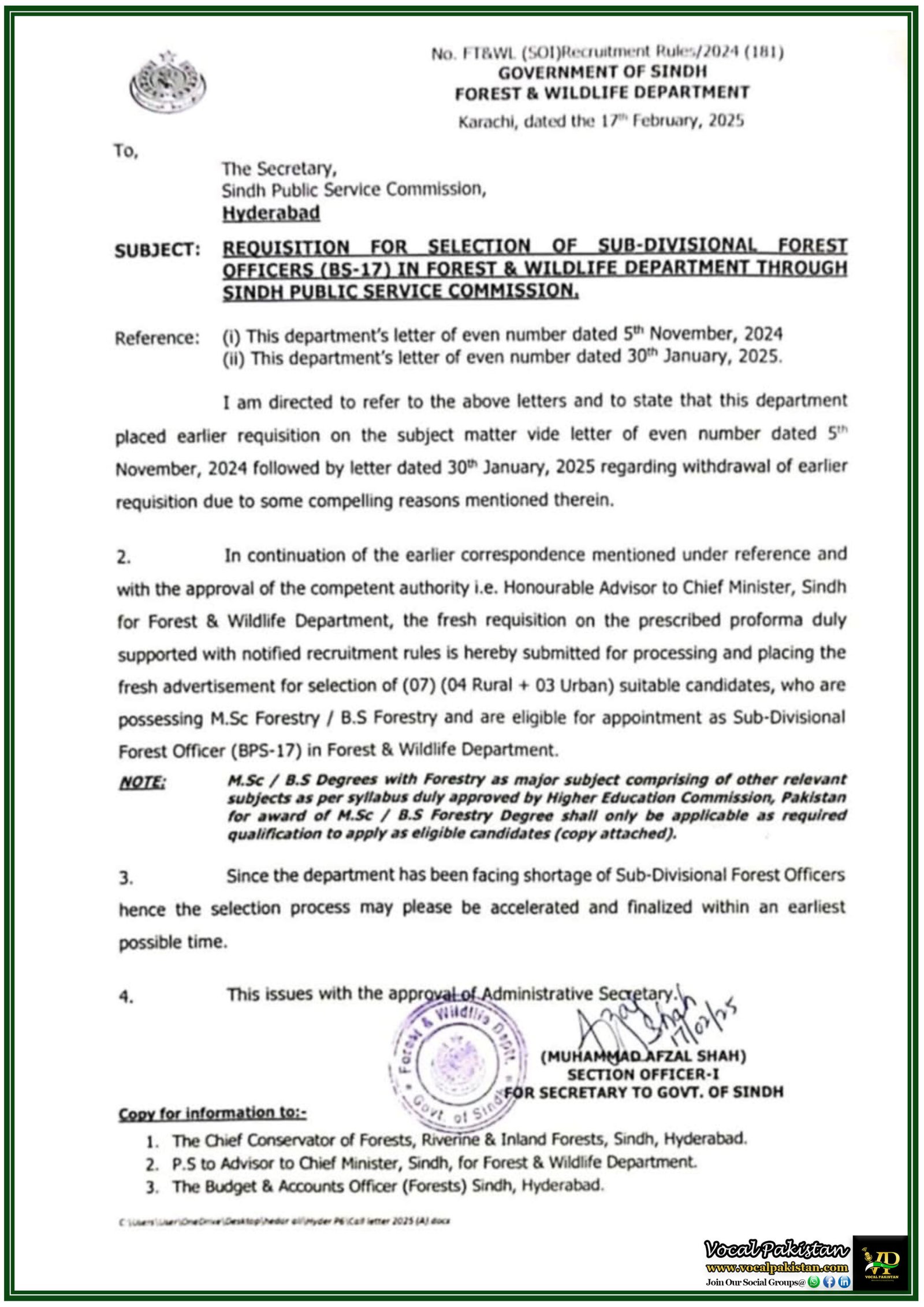 Sindh Government Announces Fresh Recruitment for Sub-Divisional Forest Officers–Notification Issued