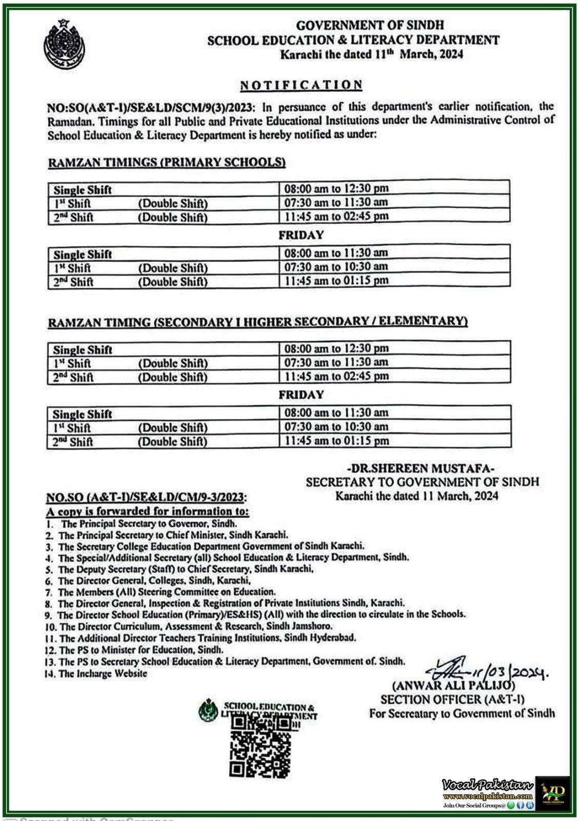 Sindh Government Announces Ramadan School Timings for 2024–Official Notification Issued