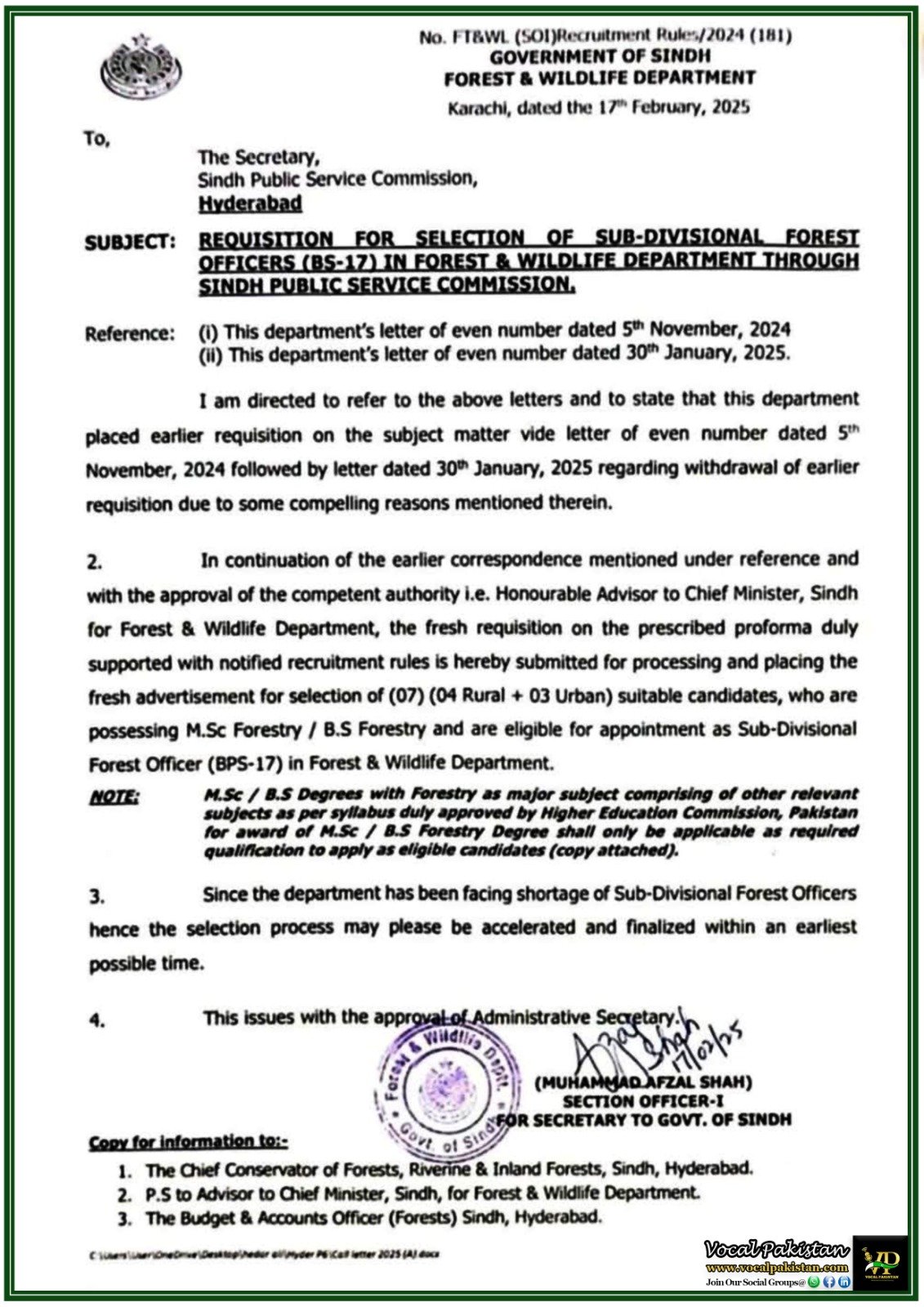 Sindh Government Announces Recruitment of Sub-Divisional Forest Officers (BS-17)–Notification