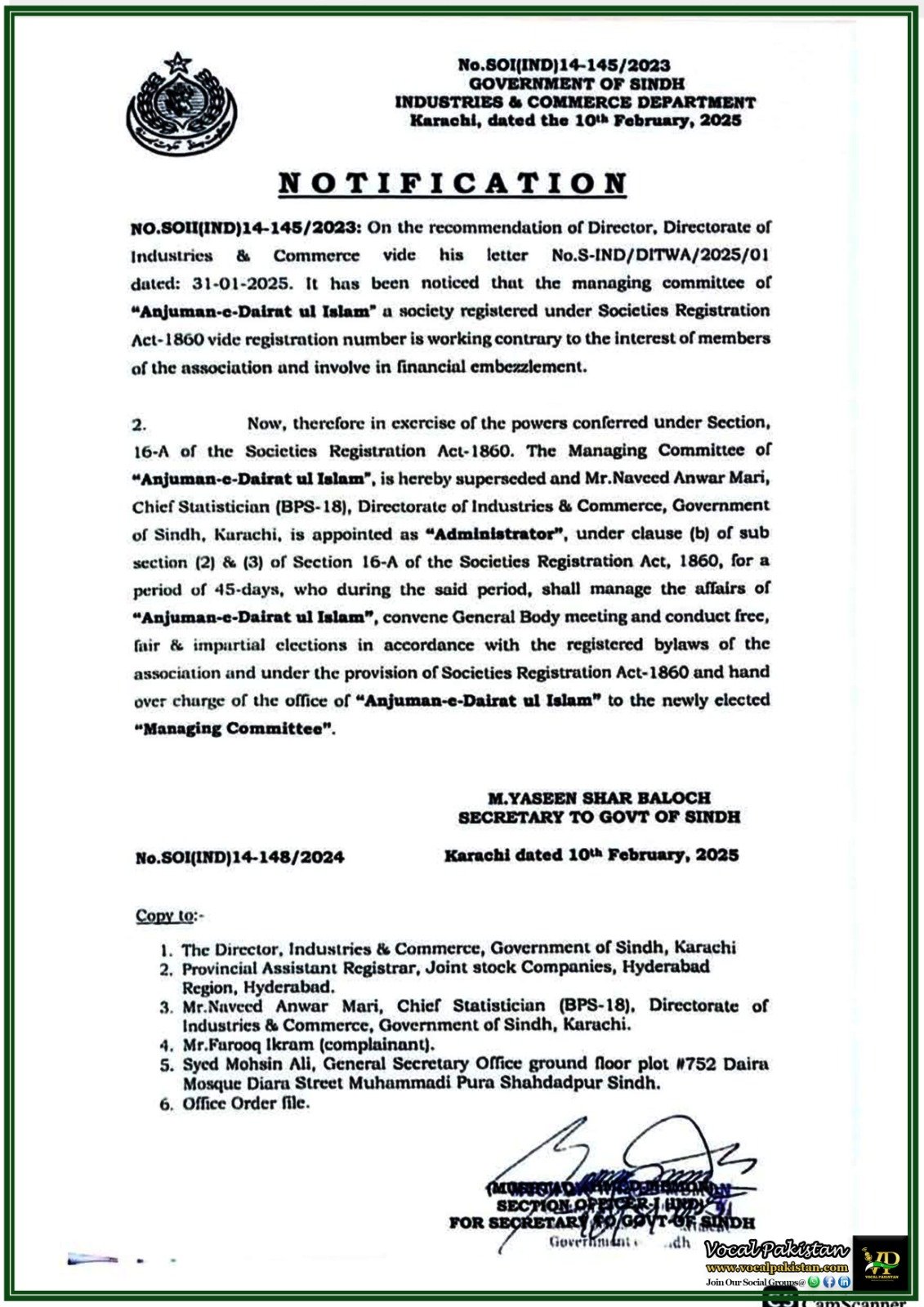 Sindh Government Dissolves Anjuman-e-Dairat ul Islam’s Managing Committee–Official Notification Issued