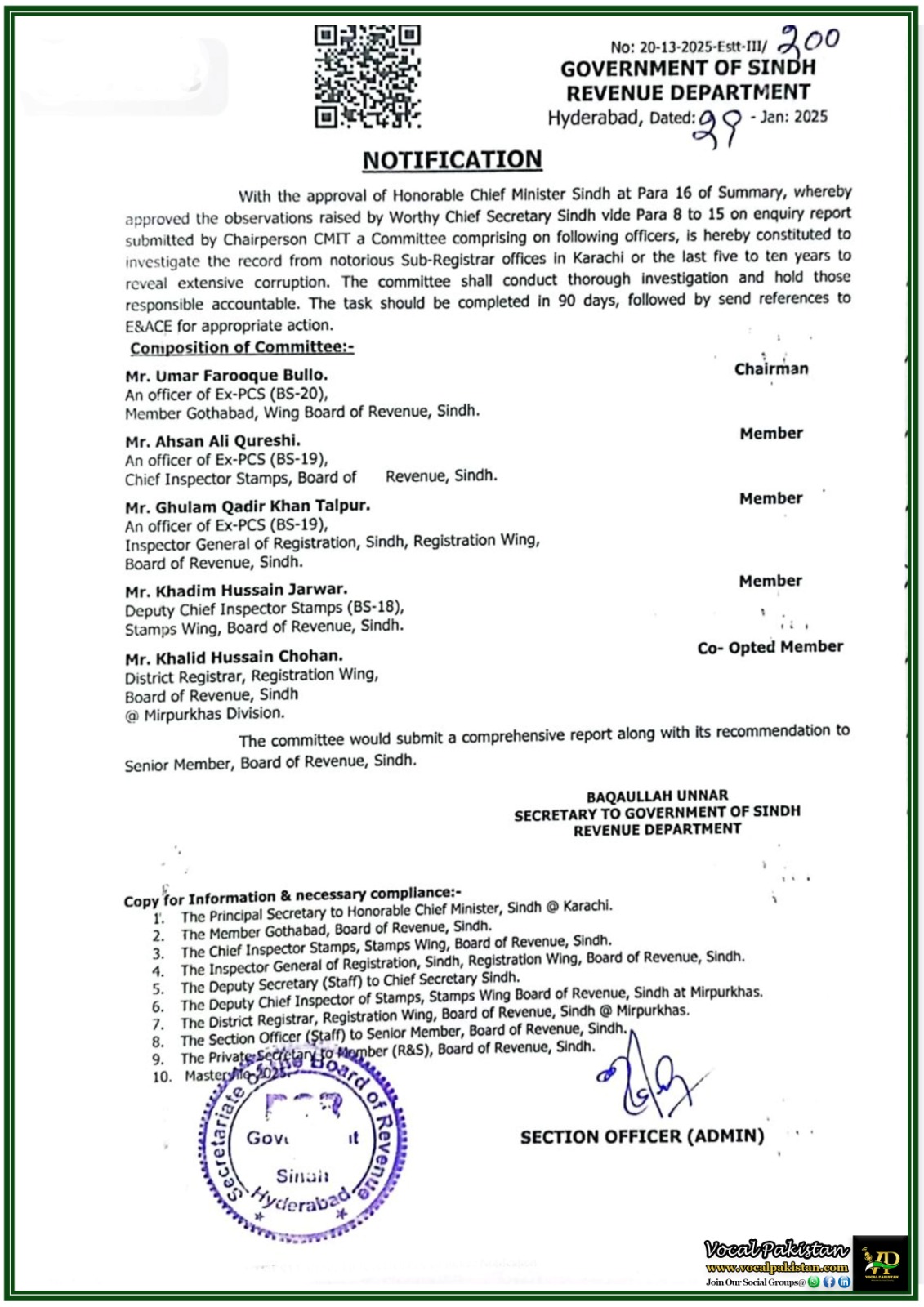 Sindh Government Forms High-Powered Committee to Investigate Sub-Registrar Offices–Notification