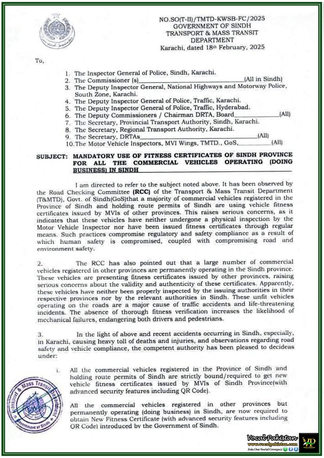 Sindh Government Makes Fitness Certificates Mandatory for Commercial Vehicles–Official Notification