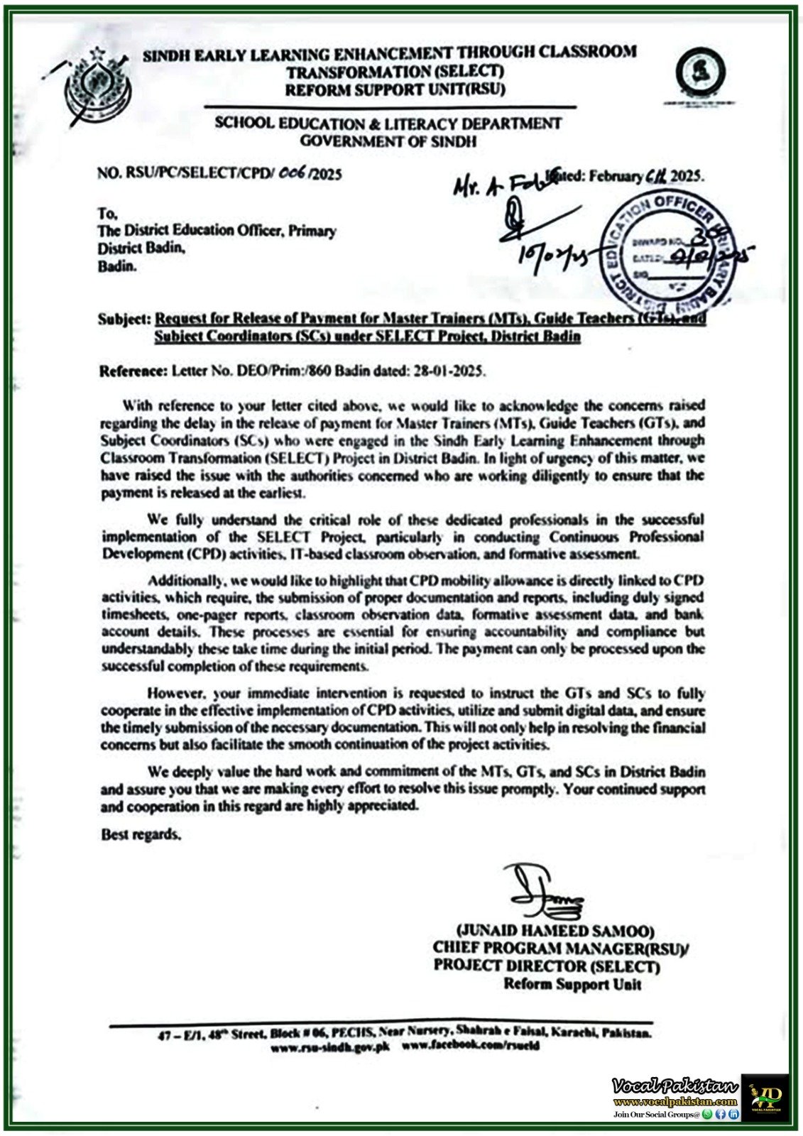 Sindh Government to Release Pending Payments for SELECT Project Trainers–Official Notification