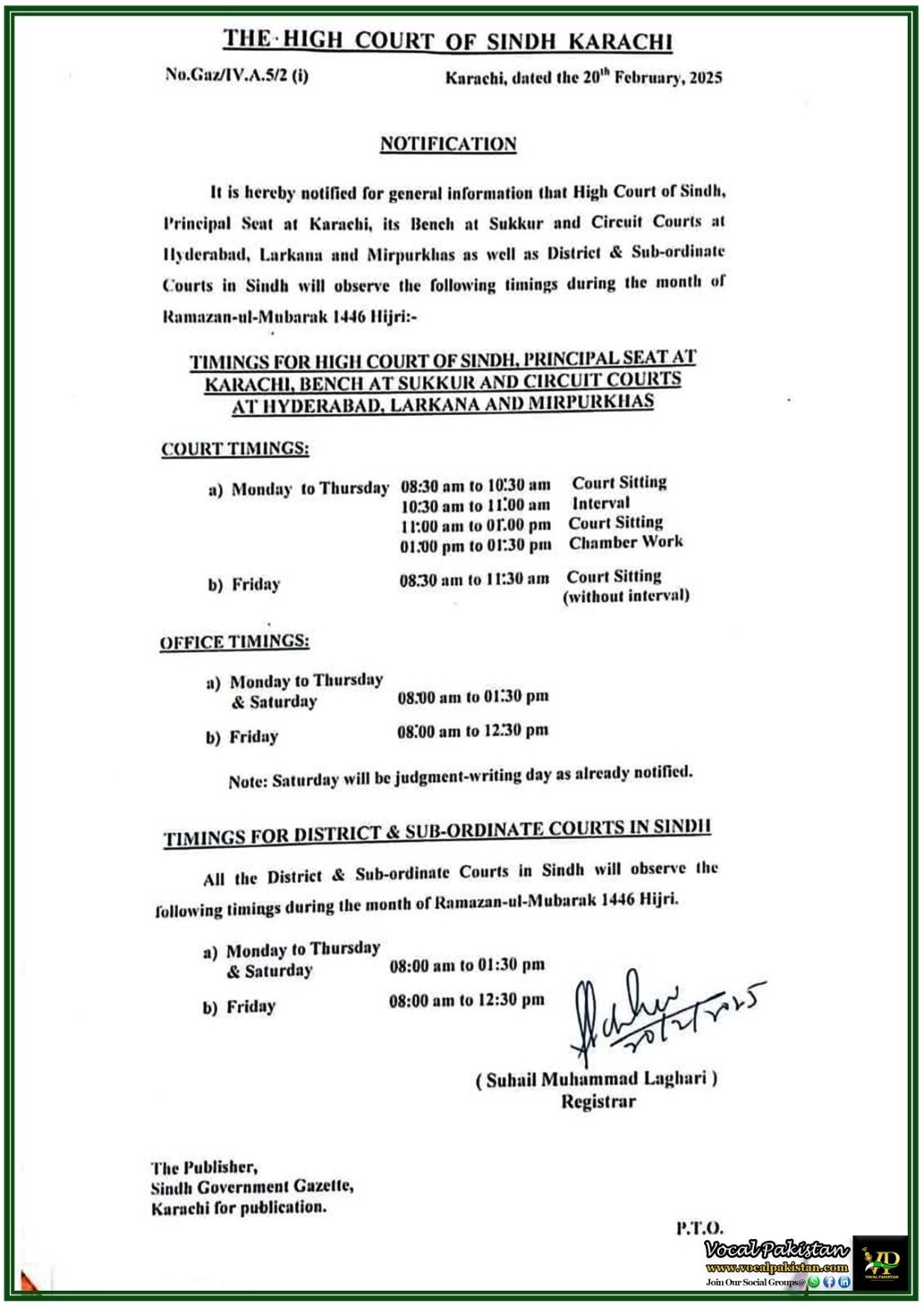 Sindh High Court Announces Ramazan Timings for 2025–Notification