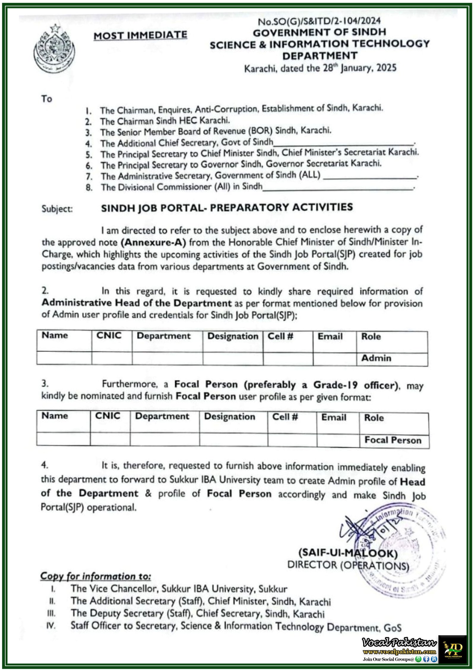 Sindh Job Portal (SJP) Set to Launch: Government of Sindh Initiates Preparatory Activities–Notification