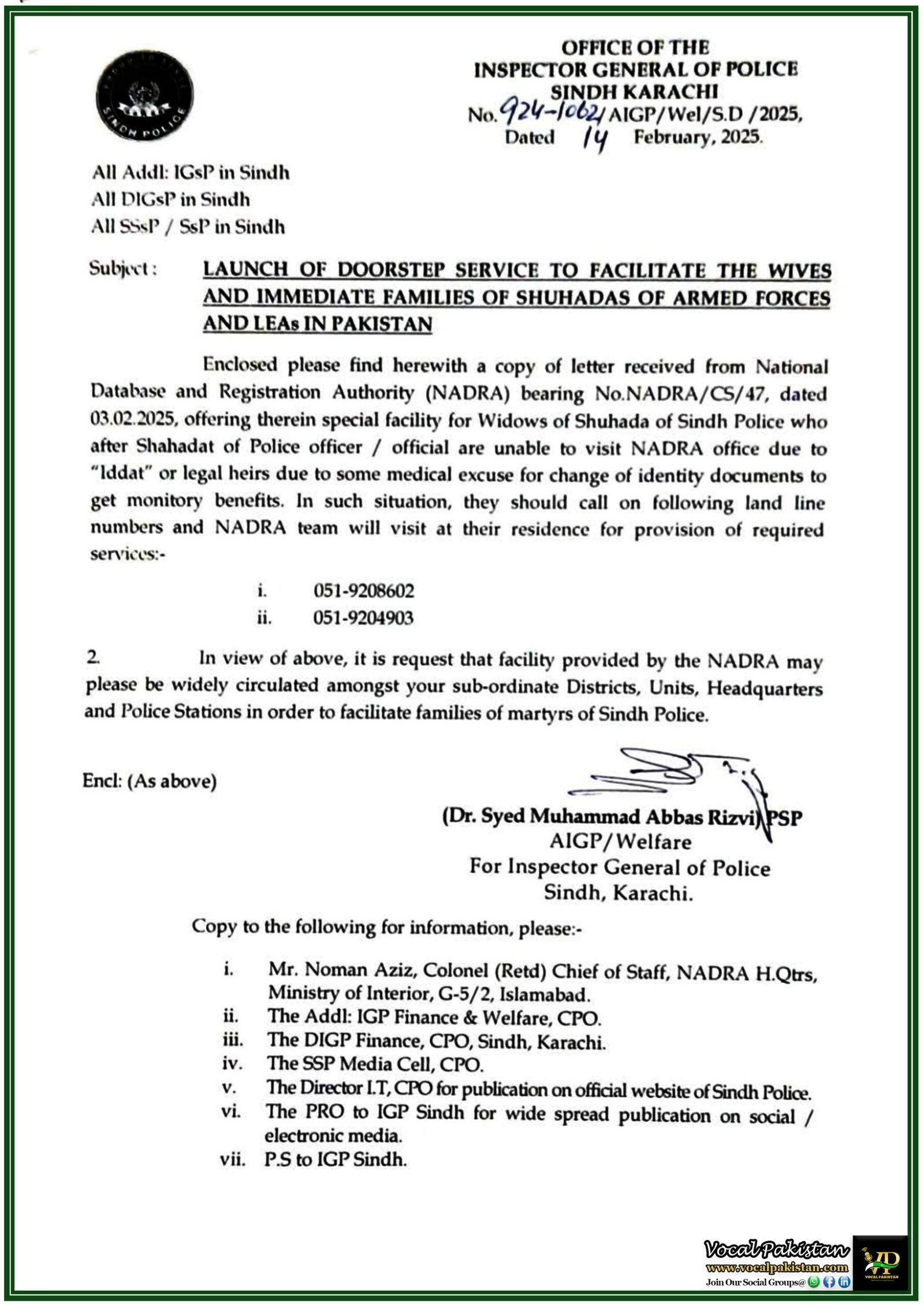 Sindh Police Announces NADRA Doorstep Service for Families of Shuhada–Notification