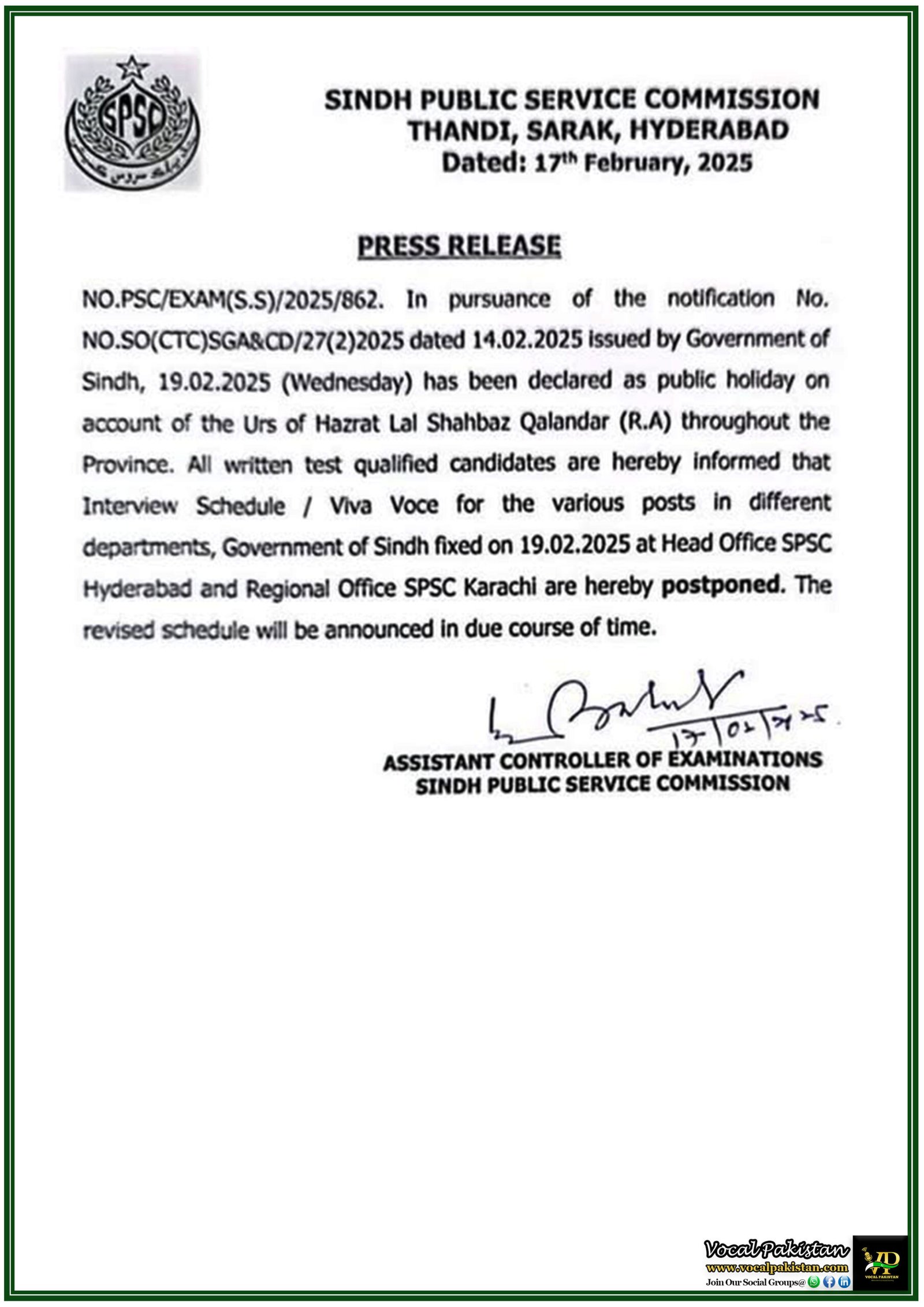 Sindh Public Service Commission Postpones Interviews Due to Public Holiday–Official Notification