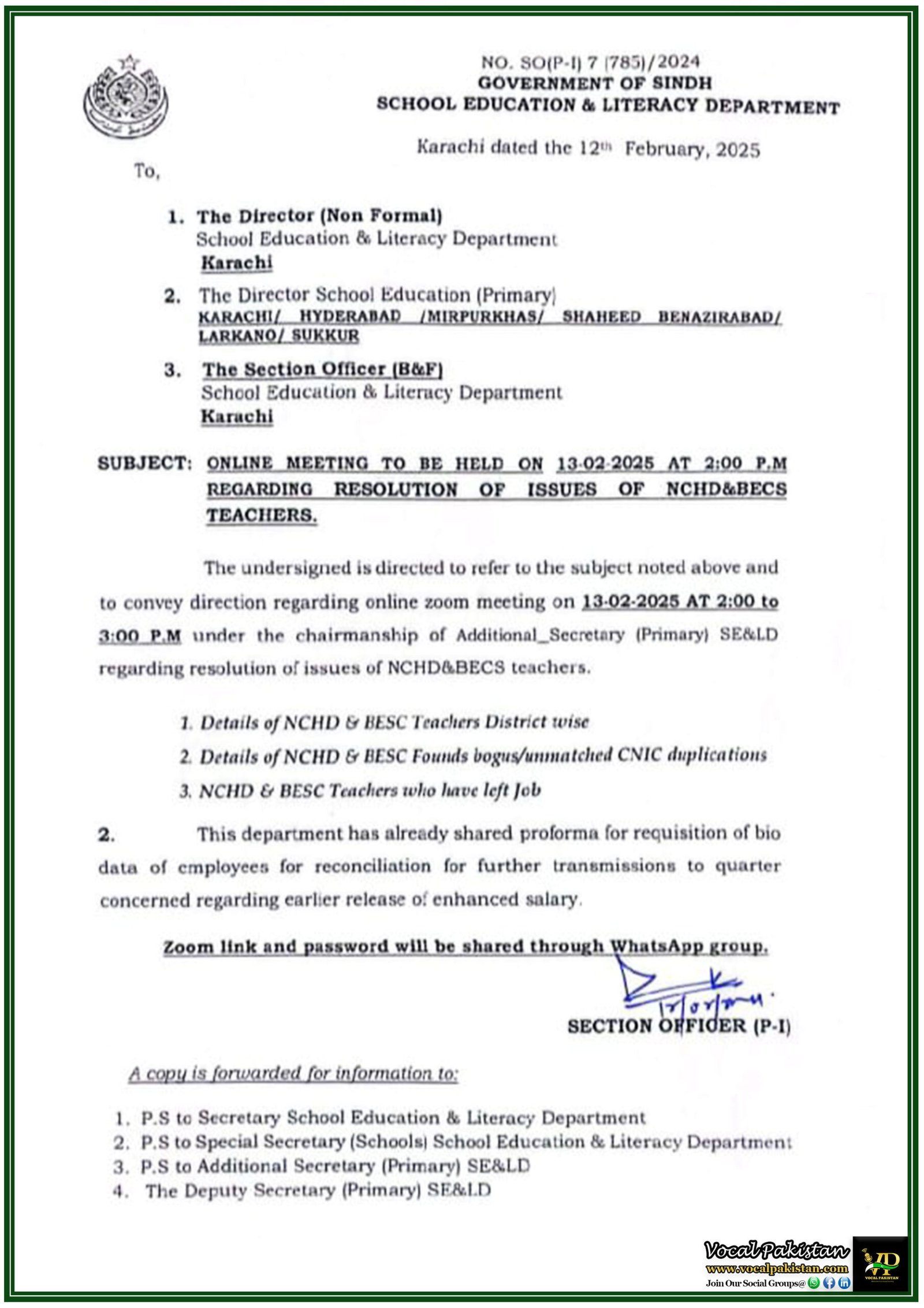 Sindh School Education Department Calls Online Meeting to Address NCHD & BECS Teachers’ Issues–Notification