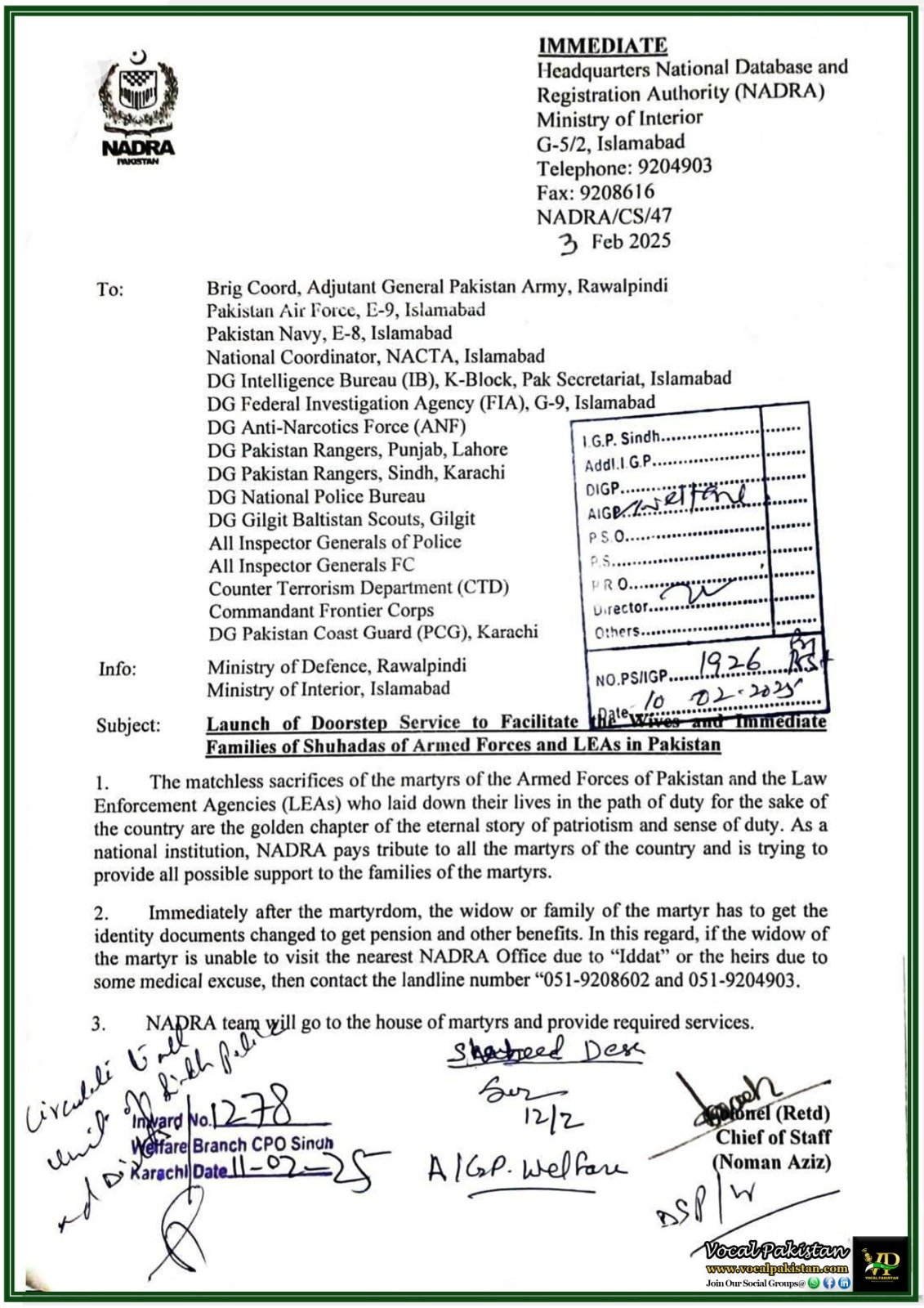 Special NADRA Service for Shuhada Families–Read the Notification