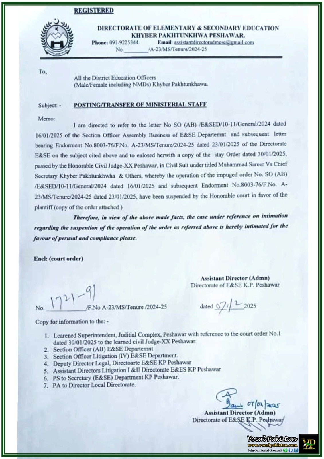 Stay Order Issued on E&SE Department Ministerial Staff Transfers in Khyber Pakhtunkhwa-Notification