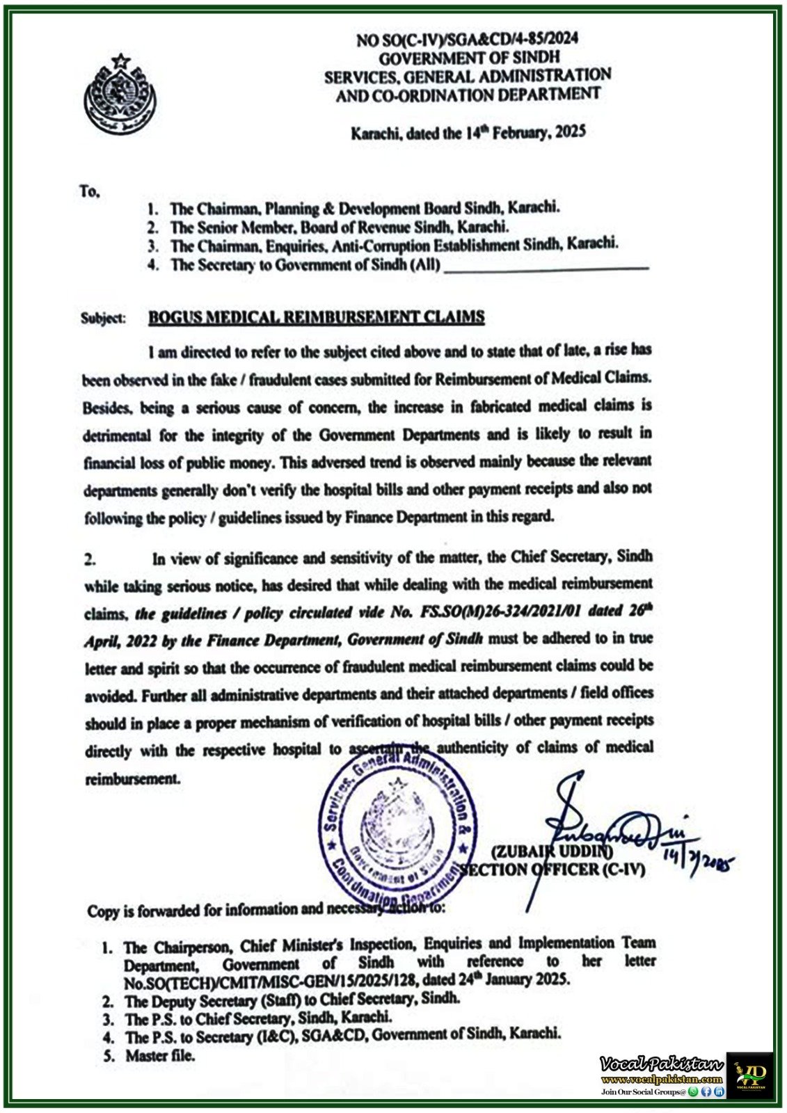 Strict Action Against Fake Medical Bills: Sindh Government’s New Directive–Sindh Government Notification