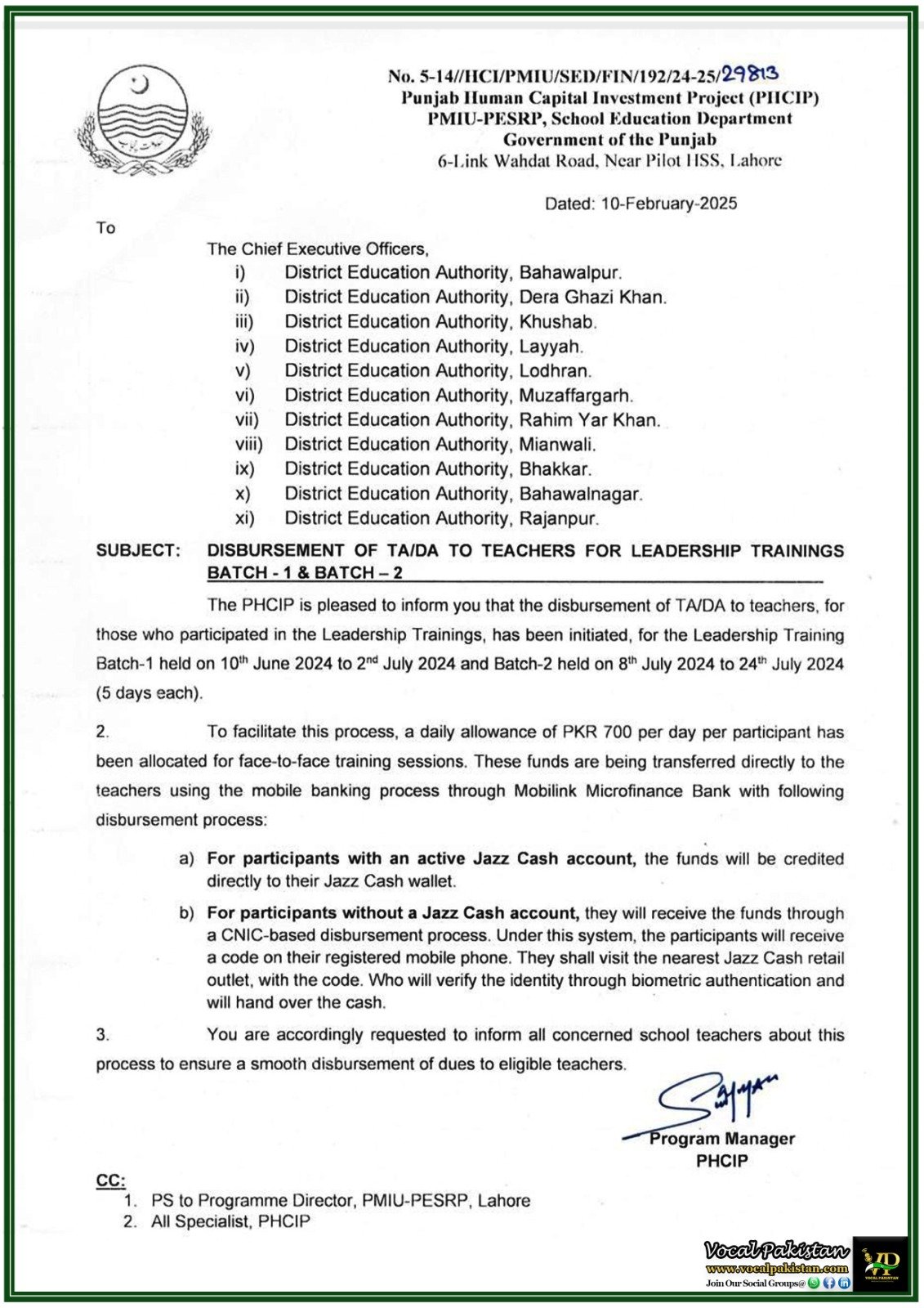 Teachers to Receive TA/DA for Leadership Trainings via Mobile Banking–Punjab Government Notification