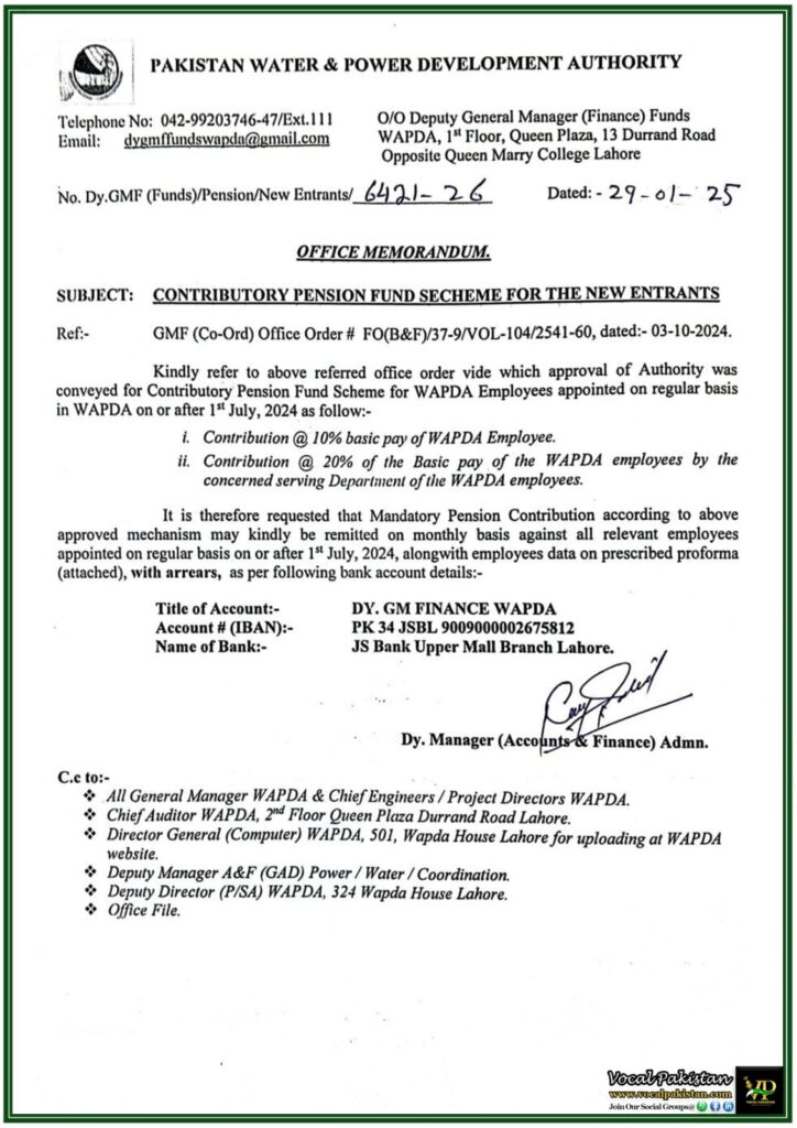 WAPDA Introduces Contributory Pension Fund Scheme for New Employees–Notification 7 WAPDA Introduces Contributory Pension Fund Scheme for New Employees–Notification
