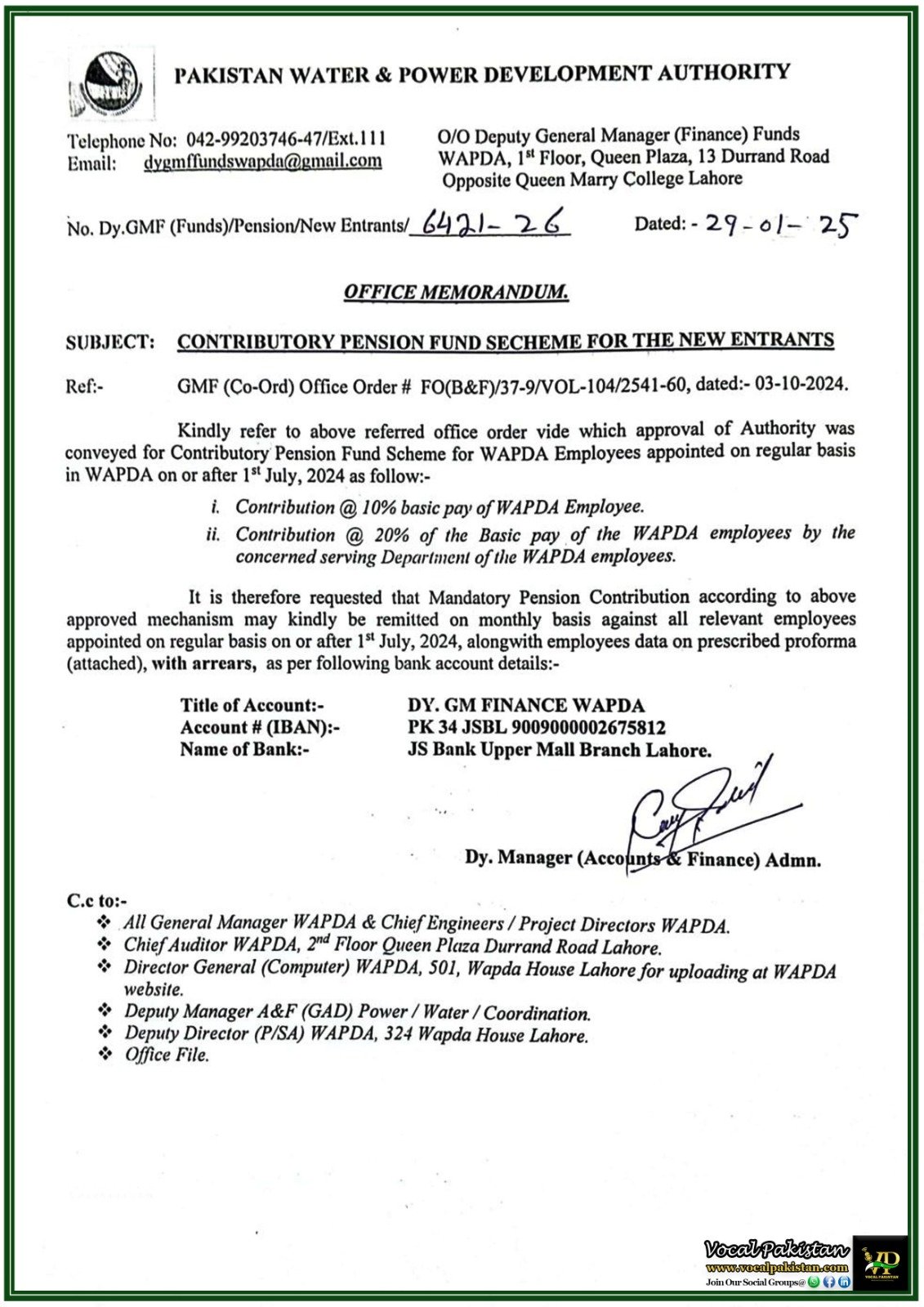 WAPDA Introduces Contributory Pension Fund Scheme for New Employees–Notification