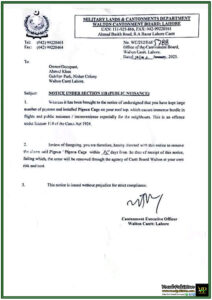 Walton Cantonment Board Lahore Issues Public Pigeon Cage Removal Notice Under Section 118