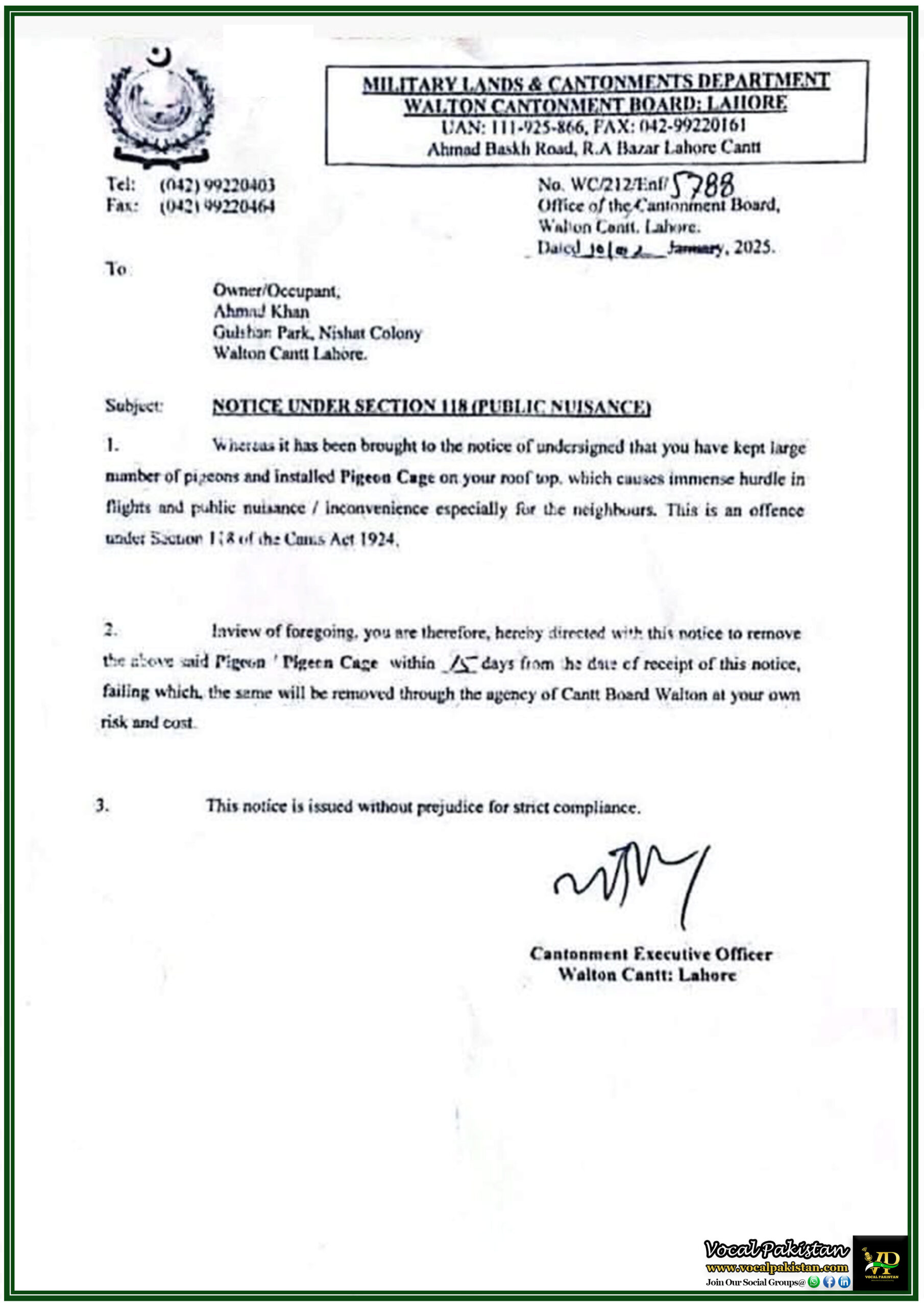 Punjab 10 Walton Cantonment Board Lahore Issues Public Pigeon Cage Removal Notice Under Section 118