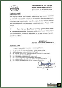 Zero Tolerance Punjab Government Bans Tobacco & Nicotine Use in All Schools & Colleges–Notification Issued