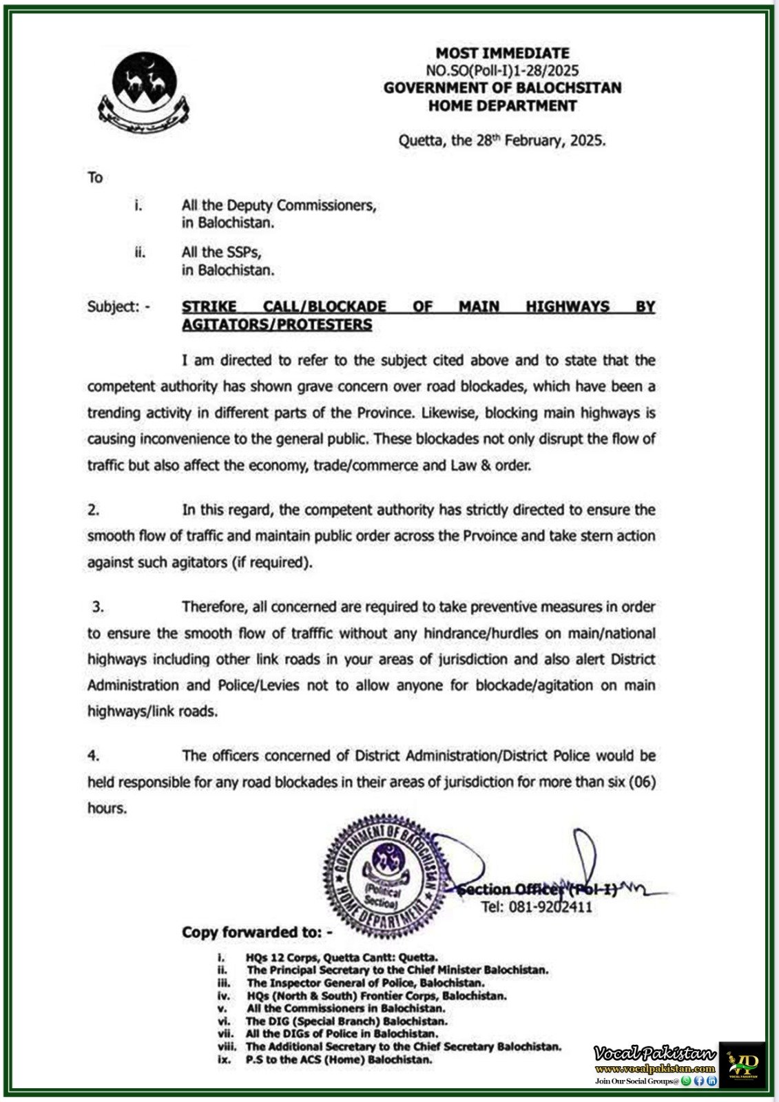 Balochistan Government Directs Officials to Ensure Smooth Traffic Flow Amid Protests–Notification