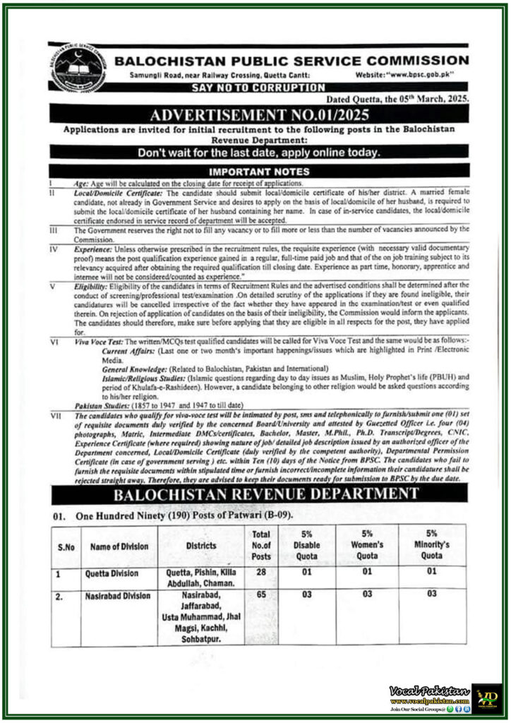 Balochistan Public Service Commission (BPSC ) Announces 190 Patwari (B-09) Jobs in Balochistan Revenue Department–Apply Now! 10 Balochistan Public Service Commission (BPSC ) Announces 190 Patwari (B-09) Jobs in Balochistan Revenue Department–Apply Now!