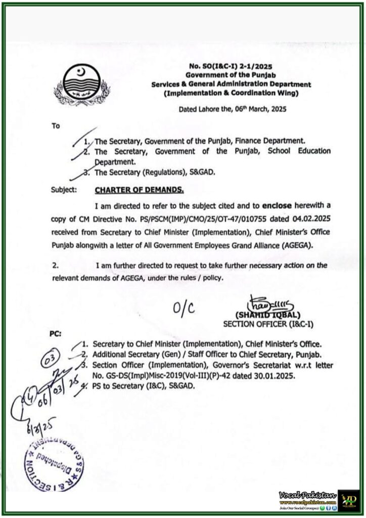 Chief Minister Punjab Directs To Review Charter of Demands by AGEGA’s– Official Notification