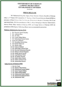 Deputy PM Ishaq Dar Chairs High Powered Selection Board (HPSB)–Officers from PAS, PSP & FSP Promoted–Full List Inside