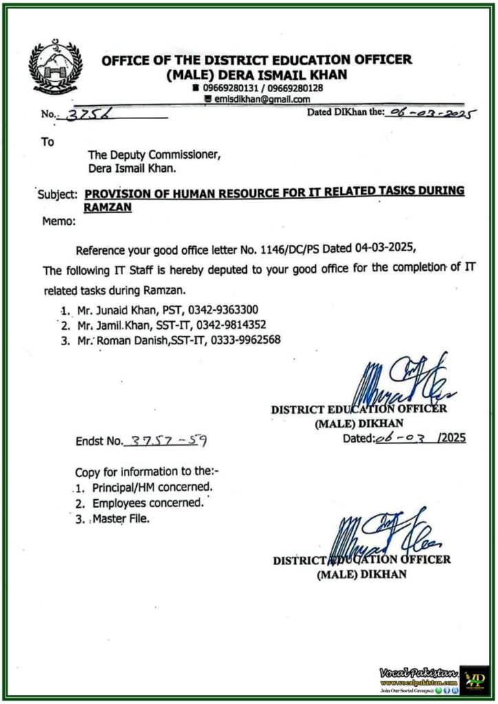 District Education Office Dera Ismail Khan Assigns IT Personnel for Ramzan Duties–Notification Released