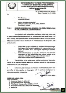 Elementary & Secondary Education Department, Khyber Pakhtunkhwa (E&SED) Calls for Urgent Action on CPD ESTS Pilot Program–Official Notification Issued