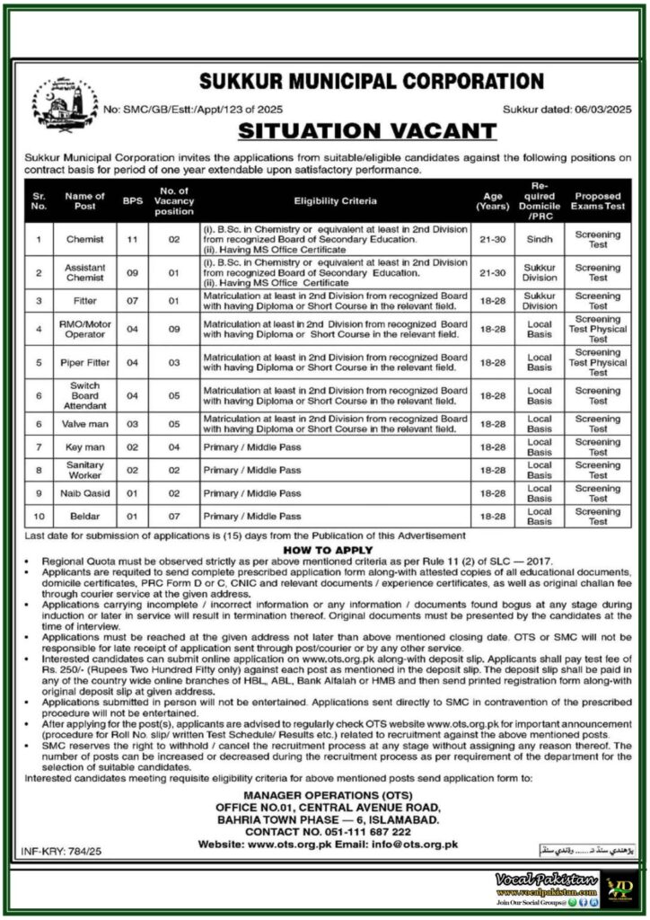 Exciting Career Opportunities in Government Sector–Apply Now for Sukkur Municipal Corporation Jobs