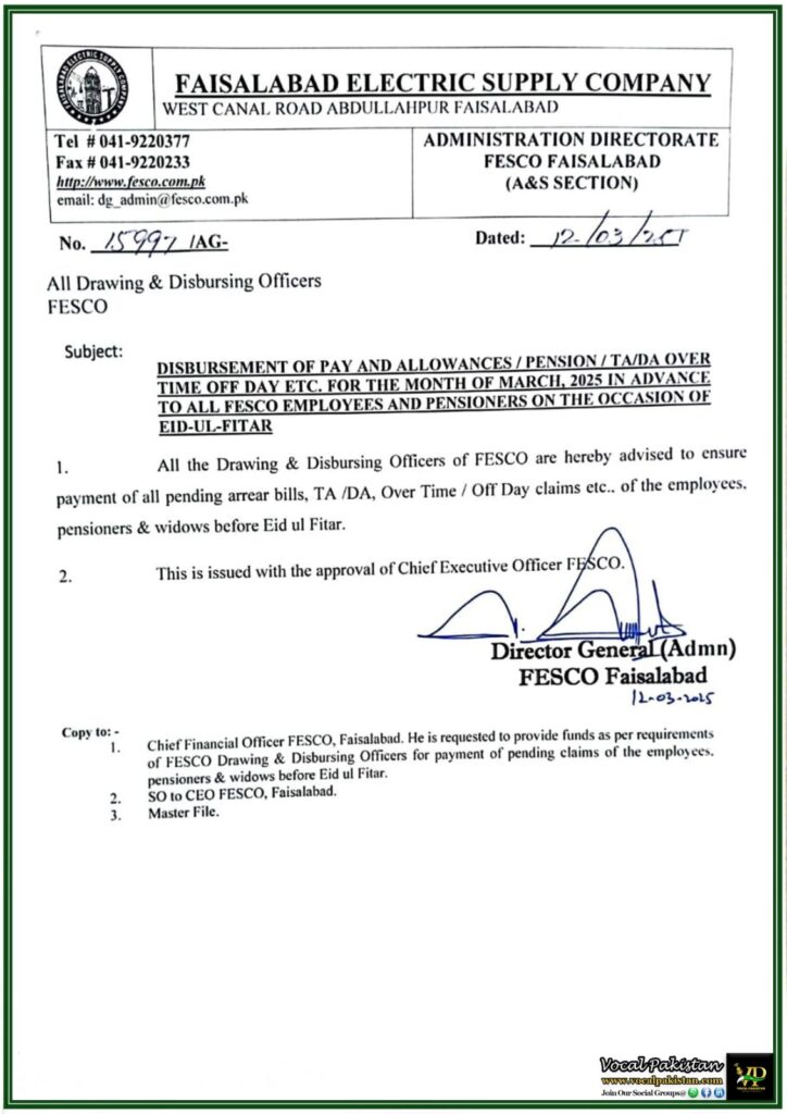 FESCO Announces Advance Salary & Pension Disbursement for Employees Before Eid–Notification Issued