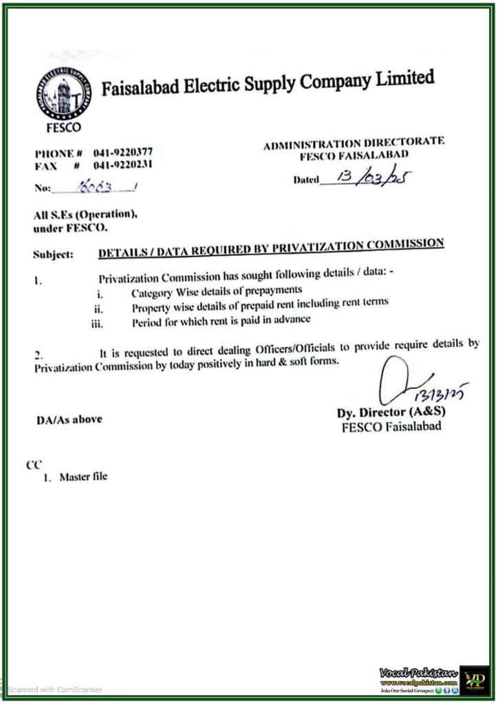 FESCO Issues Urgent Notice for Data Submission to Privatization Commission–Read Official Notification