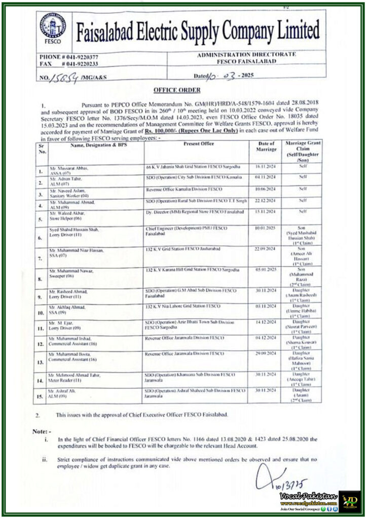 FESCO Issues Welfare Fund Marriage Grant Approval–Notification