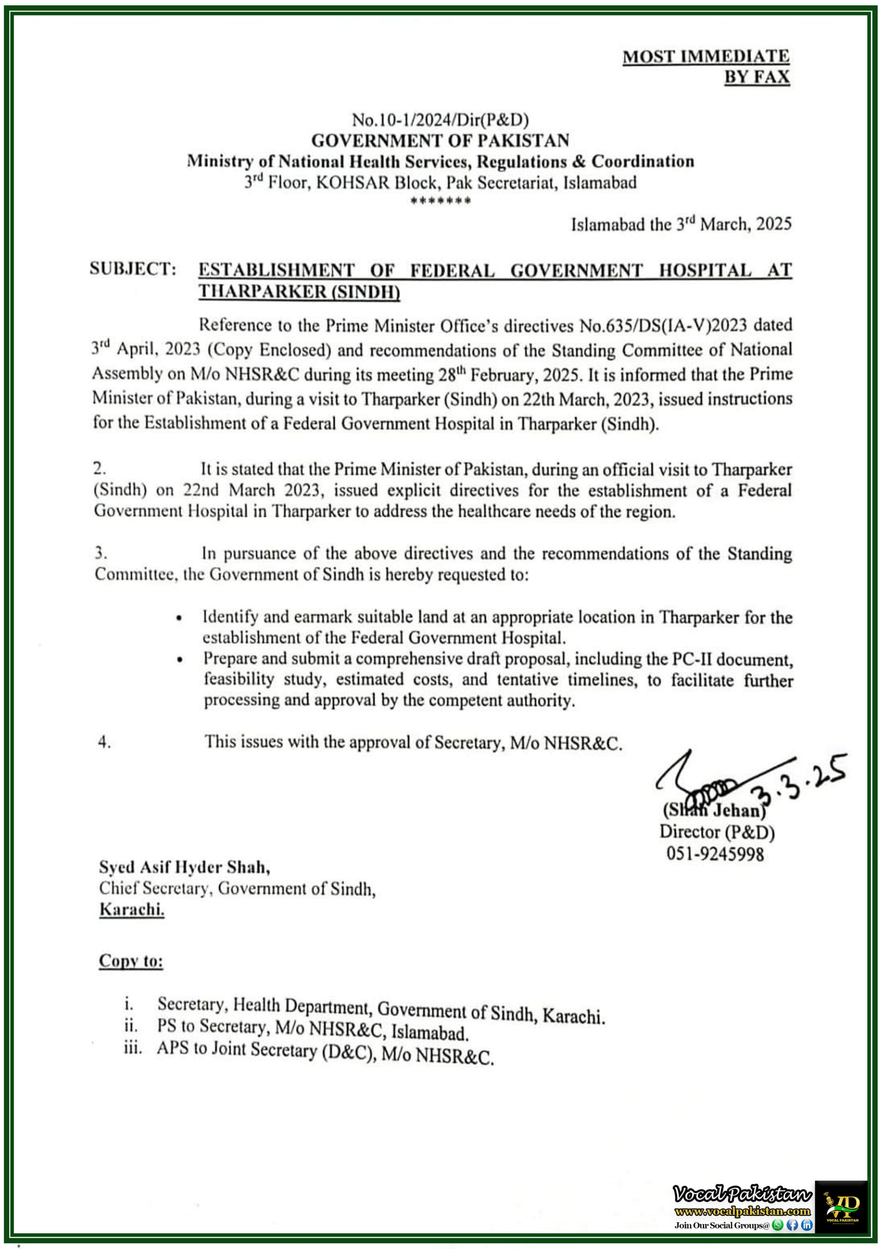 Federal 5 Federal Government to Establish New Hospital in Tharparker–Official Notification