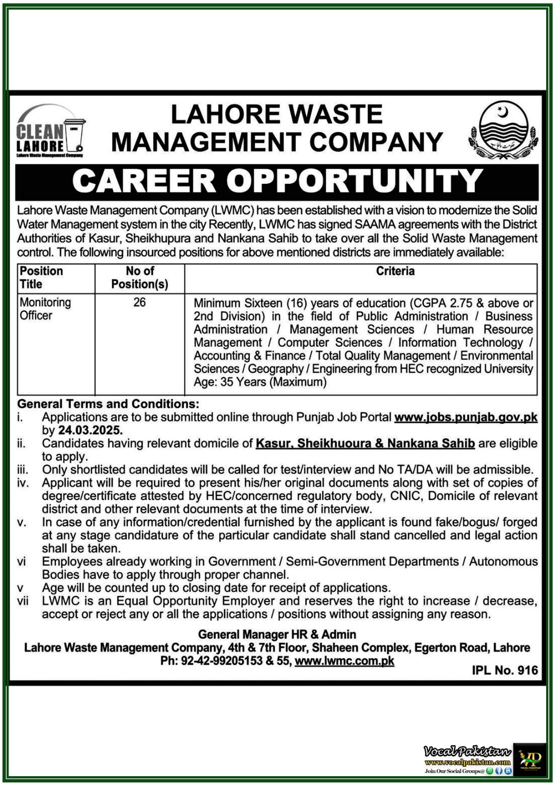 Government Jobs in Punjab Lahore Waste Management Company Hiring- Apply Now for Monitoring Officer Positions
