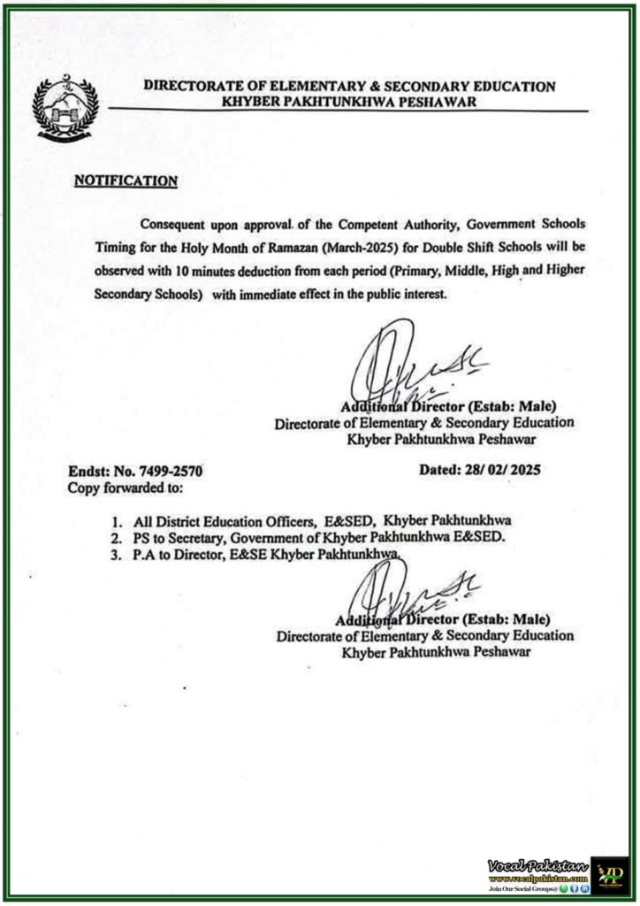 Government Schools in Khyber Pakhtunkhwa to Reduce Period Duration During Ramazan 2025–Notification 8 Government Schools in Khyber Pakhtunkhwa to Reduce Period Duration During Ramazan 2025–Notification