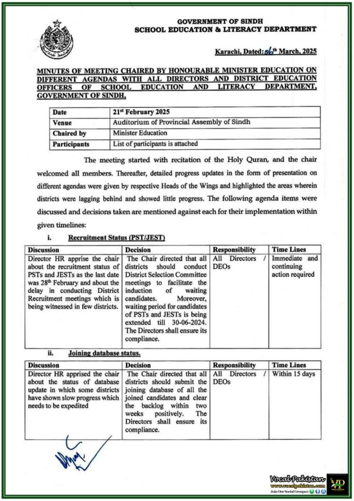 Government of Sindh Issues Minutes of Education Meeting STR, Recruitment, and Policy Updates–Notification