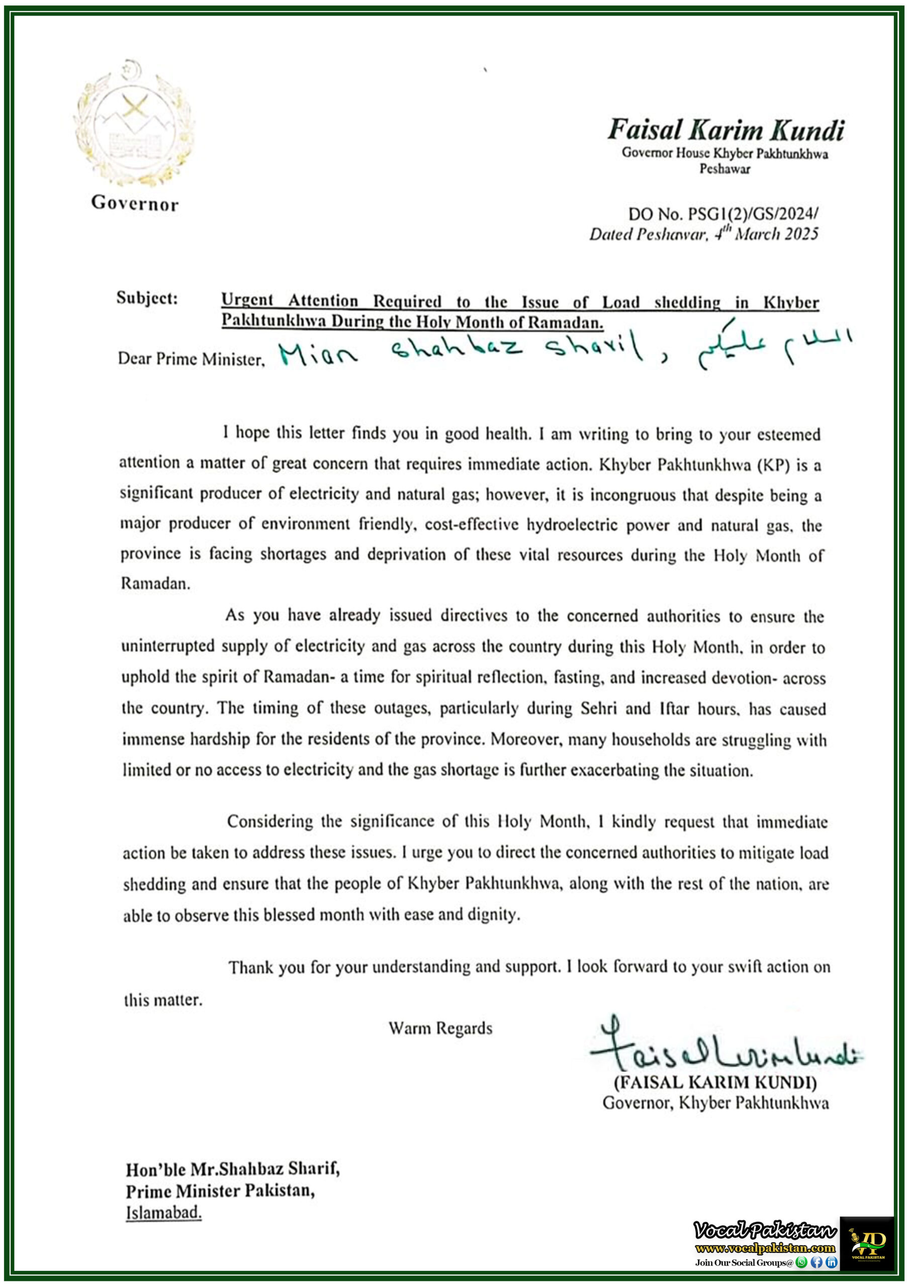 KPK 9 Governor Khyber Pakhtunkhwa Urges Prime Minister for Immediate Action on Load Shedding During Ramadan 2025