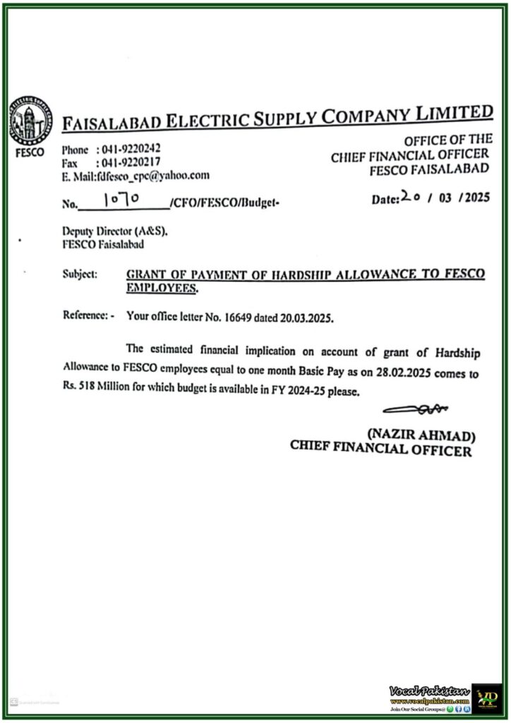 Hardship Allowance for FESCO Employees Approved–Financial Estimate Issued