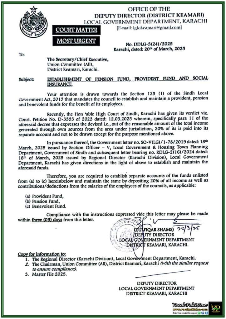 High Court Orders 20% Revenue Allocation for Employee Welfare Funds–Sindh Local Government Notification 8 High Court Orders 20% Revenue Allocation for Employee Welfare Funds–Sindh Local Government Notification