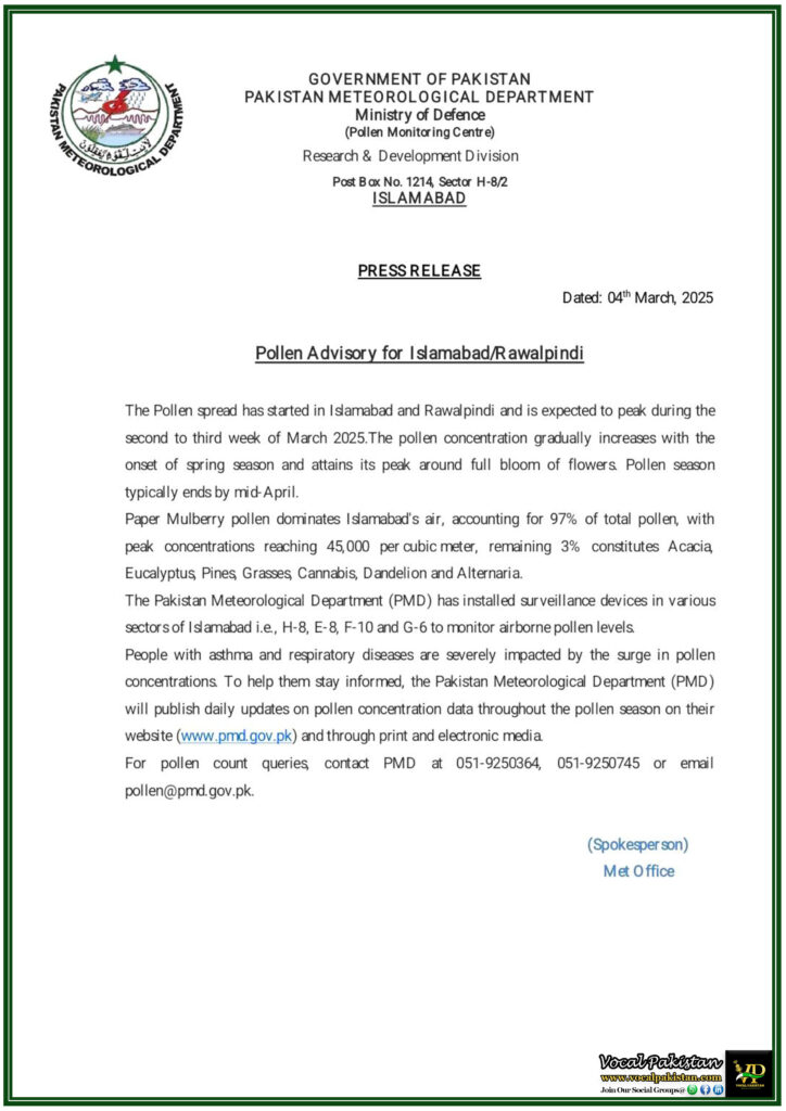 High Pollen Levels Expected in March –Islamabad & Rawalpindi Residents Alerted 10 High Pollen Levels Expected in March –Islamabad & Rawalpindi Residents Alerted