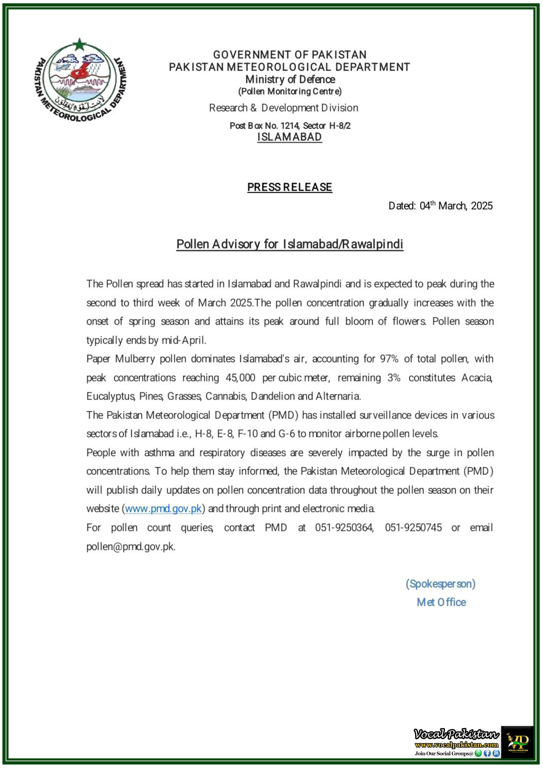 Federal 10 High Pollen Levels Expected in March –Islamabad & Rawalpindi Residents Alerted