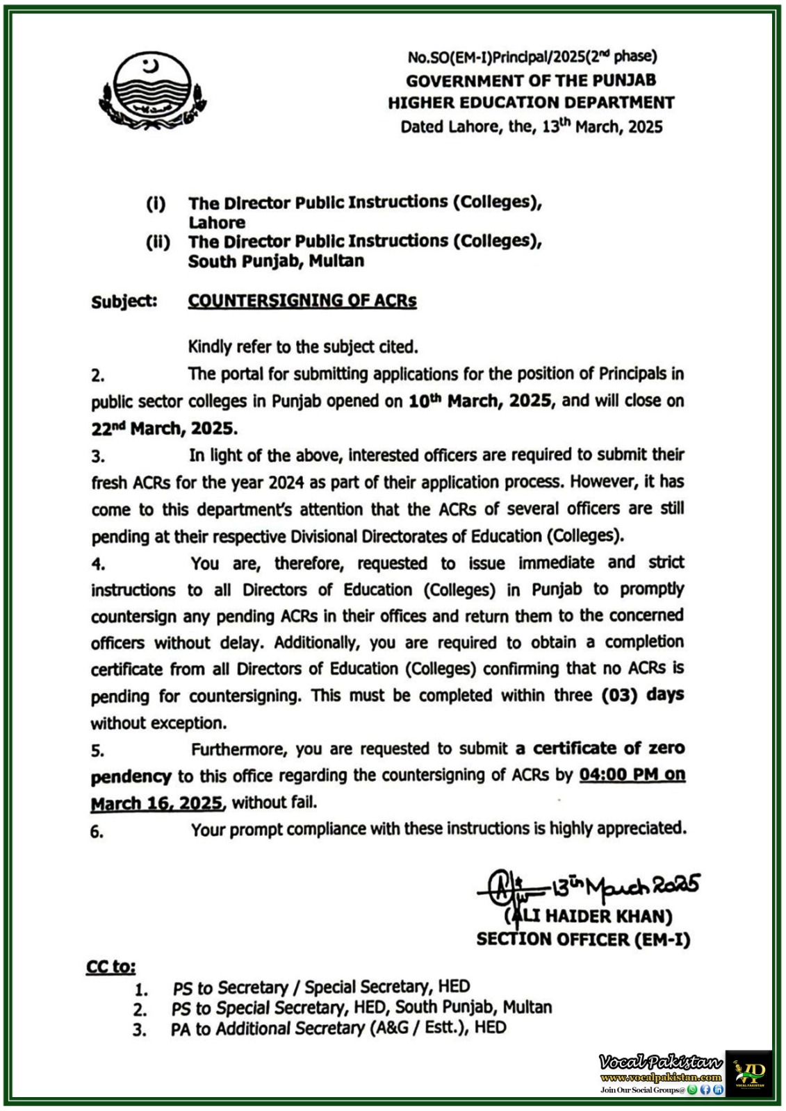 Punjab 9 Higher Education Department Punjab Directs Quick Completion of ACRs for College Principals–Official Notice