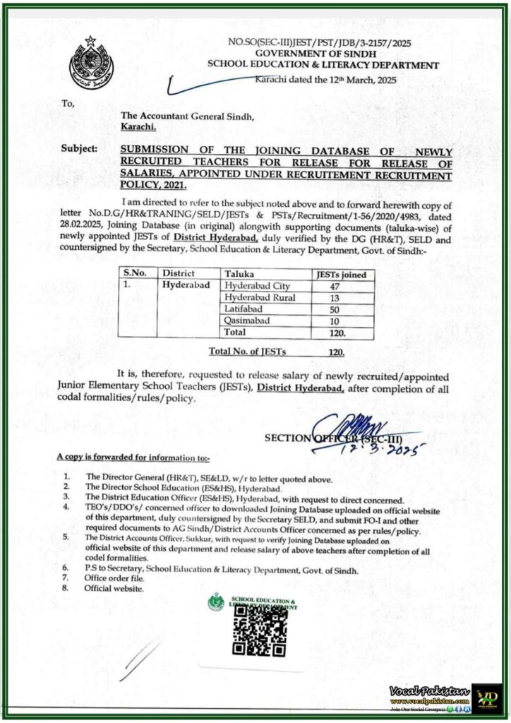 JESTs Recruitment 2025 Sindh Government Approves Salary Release for Newly Recruited Teachers – Official Notification