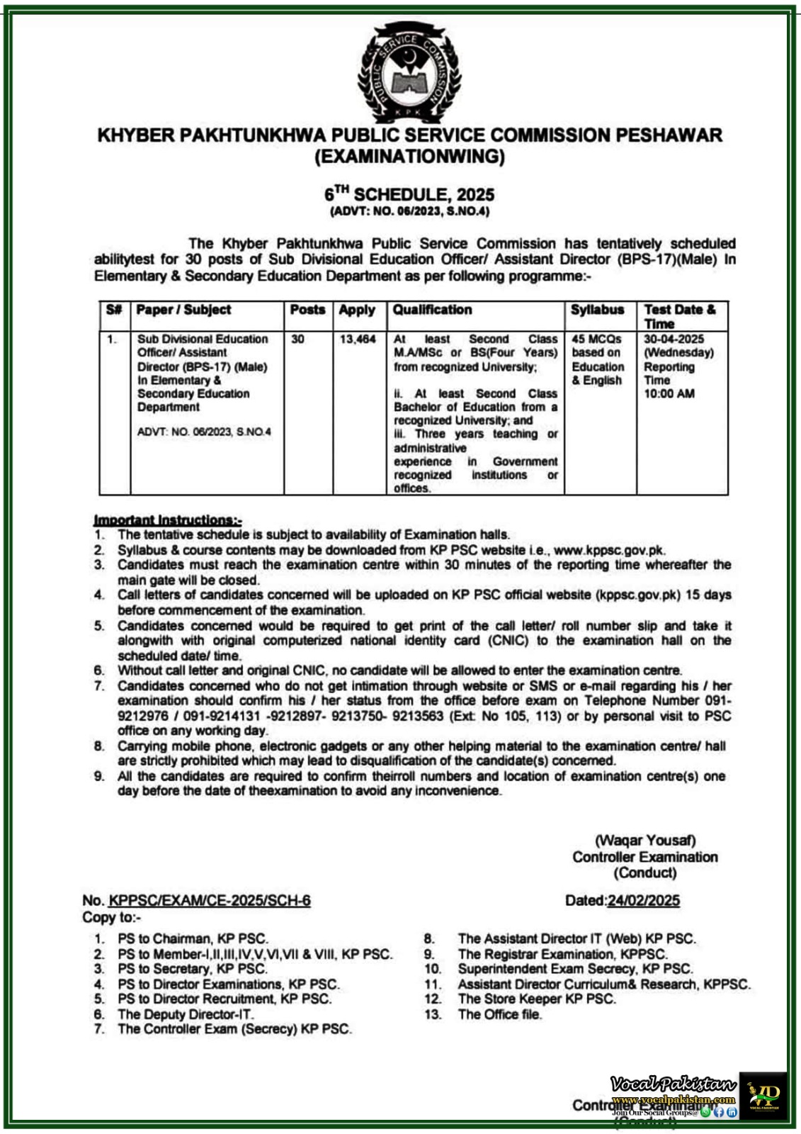 KPPSC Announces Sub Divisional Education Officer Assistant Director (BPS-17) (Male) (Adv. 062023 S#4), Ability Test 6th Schedule