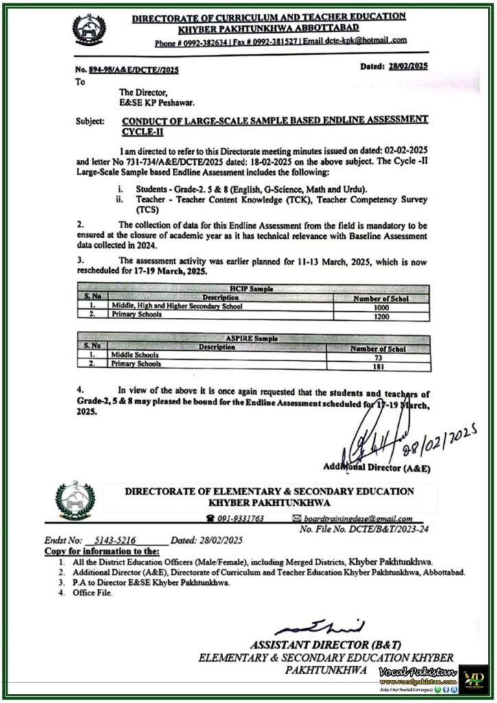 Khyber Pakhtunkhwa Education Department Announces New Dates for Large-Scale Endline Assessment–Notification