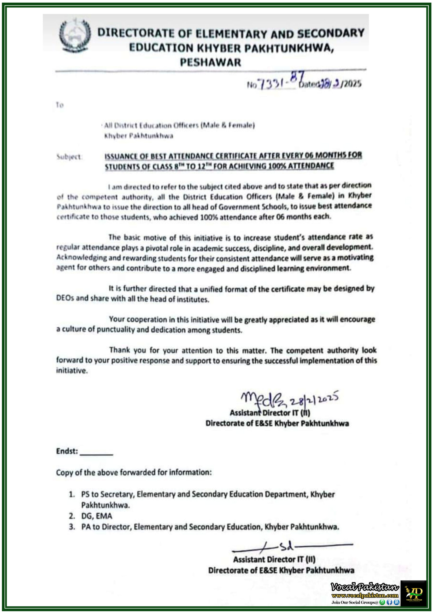 KPK 2 Khyber Pakhtunkhwa Education Department Introduces Attendance Incentive for Students-Notification