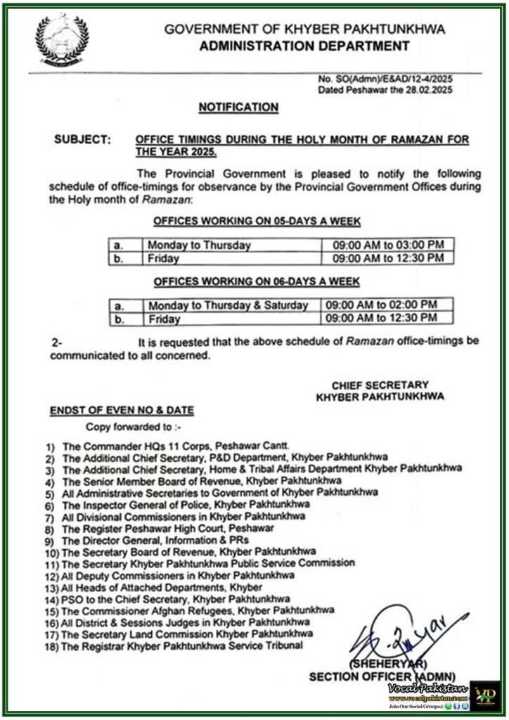 Khyber Pakhtunkhwa Government Announces Ramazan Office Timings 2025–Notification