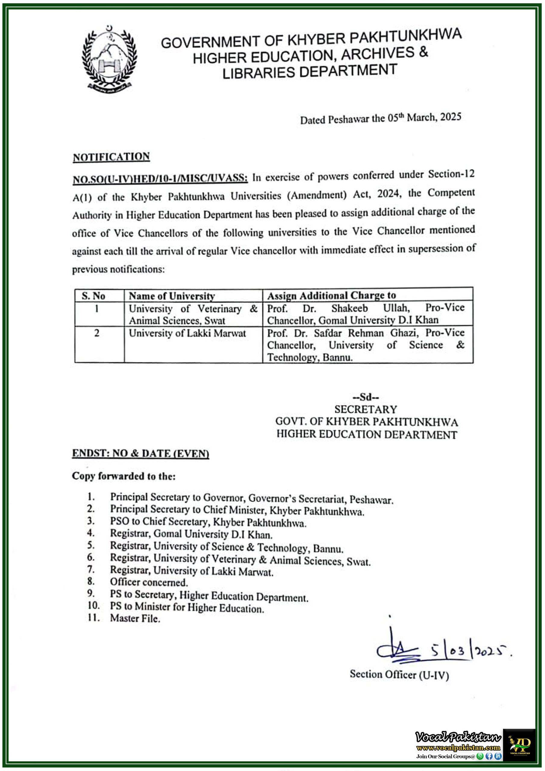KPK 7 Khyber Pakhtunkhwa Government Assigns Additional Charge to Vice Chancellors–Official Notification Issued