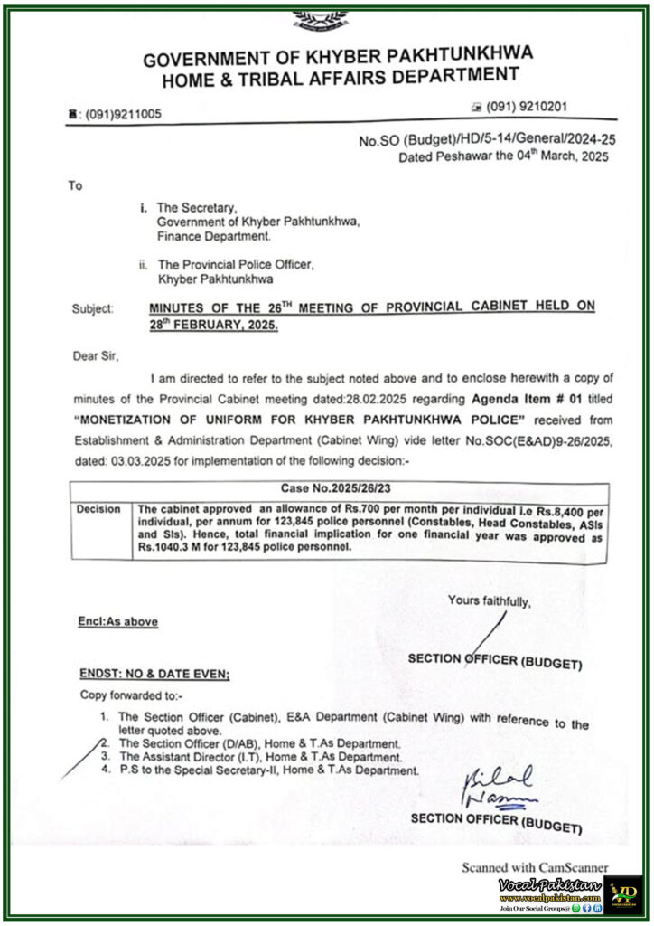 Khyber Pakhtunkhwa Government Grants Rs. 700 Monthly Uniform Allowance to Over 123,000 Police Personnel–Official Notification Issued 6 Khyber Pakhtunkhwa Government Grants Rs. 700 Monthly Uniform Allowance to Over 123,000 Police Personnel–Official Notification Issued